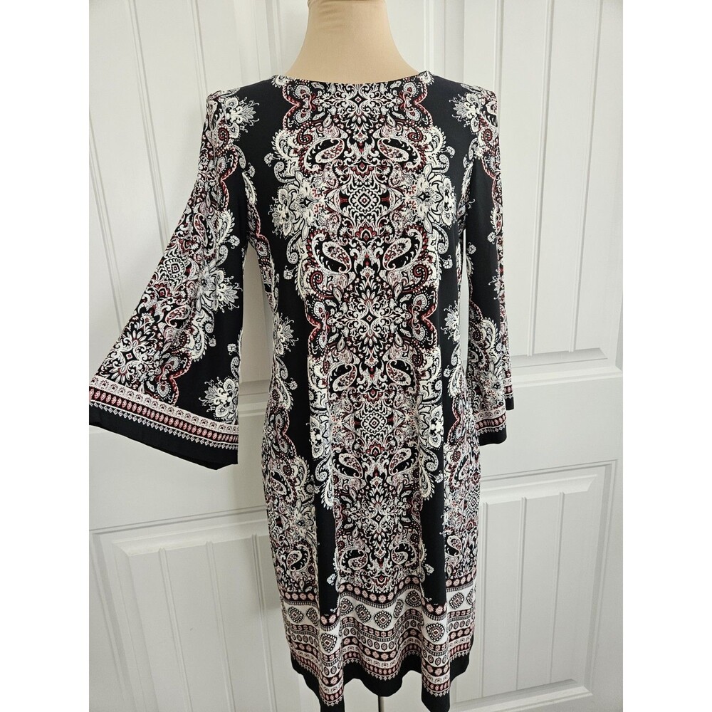 Studio One New York Textured Paisley Round Neck Sheath Dress Sz S Kimono Sleeve